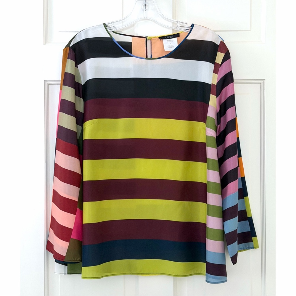 Odeeh Colorful Rainbow Stripe Silk Top Blouse Colorblock Patchwork Rugby 42 - Picture 3 of 16